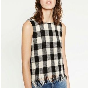 Zara Black and White Checkered Fringe Top